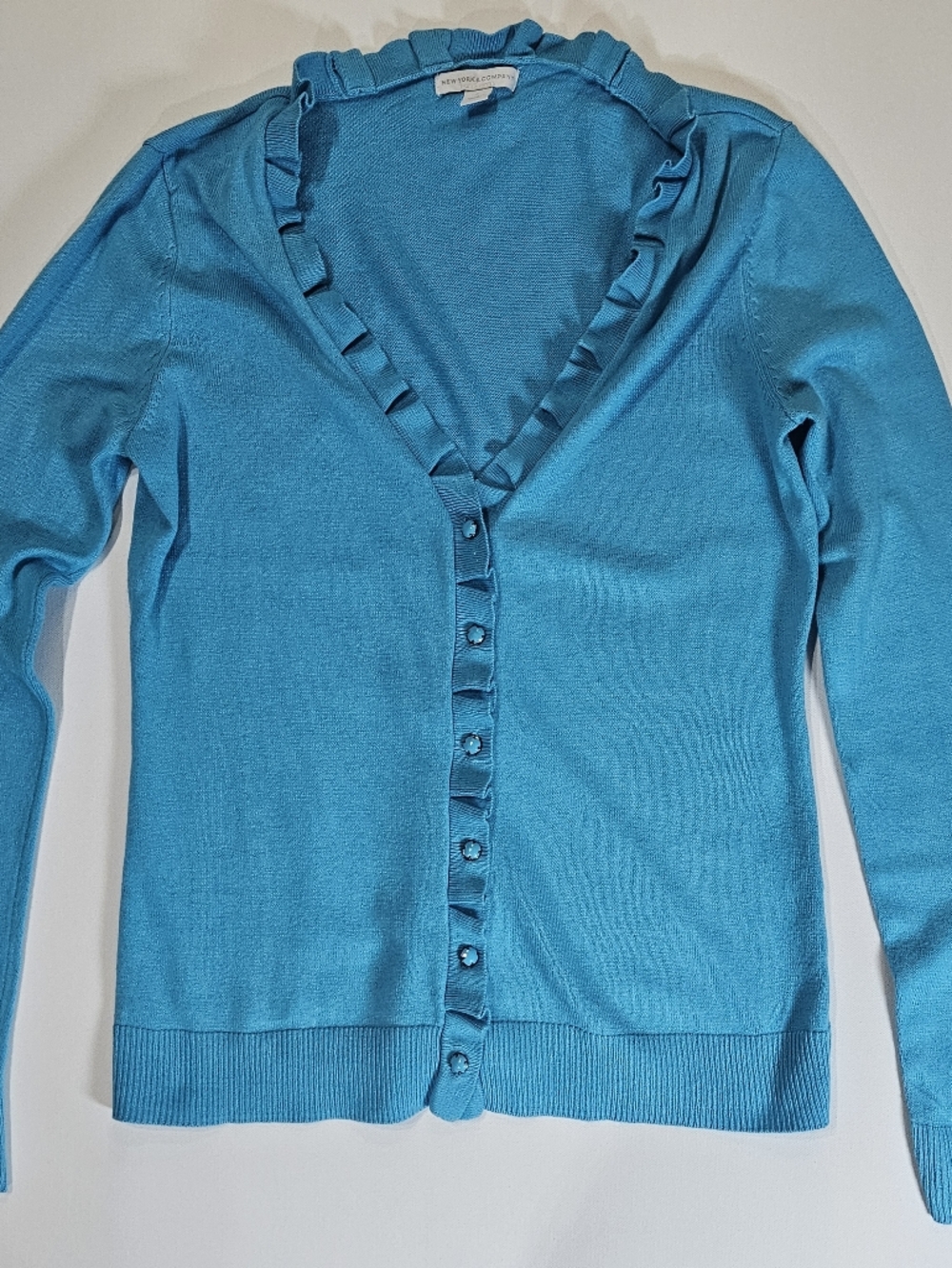 New York And Company Cardigan Womens Small Blue Button Down Ruffle Neck